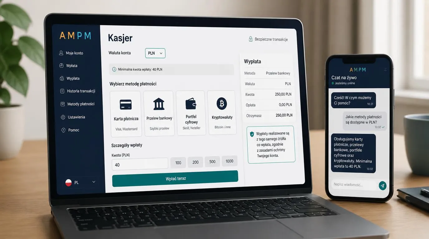Panel kasy z wyborem metody wpłaty, waluty PLN i podsumowaniem wypłaty