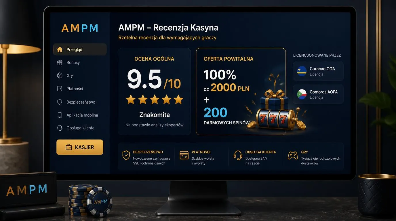 Ekran kasyna z oceną 9,5/10, ofertą powitalną i widocznym przyciskiem prowadzącym do kasy
