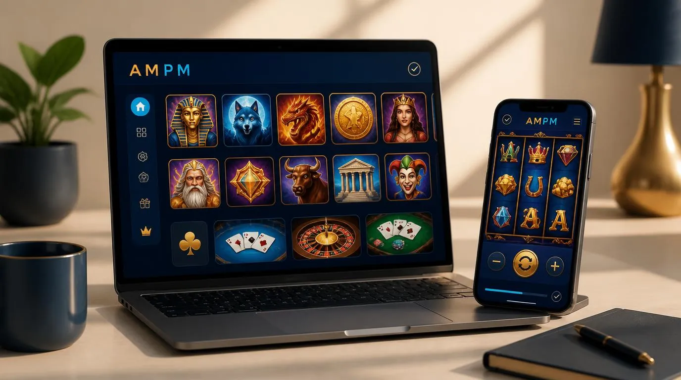 Laptop i smartfon z czytelnym lobby gier kasynowych oraz ekranami automatu i gry stołowej